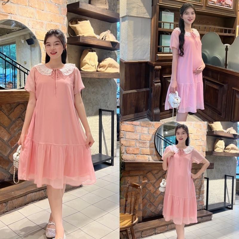Đầm bầu tiểu thư cổ bèo nhún nhẹ nhàng form đuôi cá trẻ trung chất tơ mềm ( 2 lớp ) - Hồng