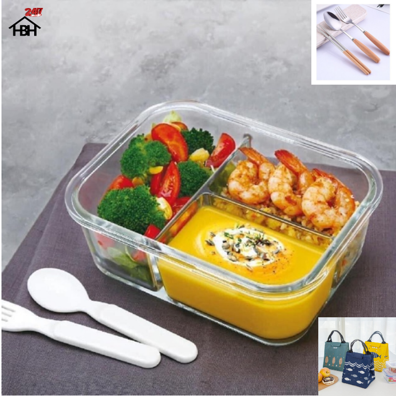 Hộp Cơm Thủy Tinh 3 Ngăn 1050 ml + Túi Cá + Hộp Đũa Thìa Cán gỗ cực kì tiện lợi