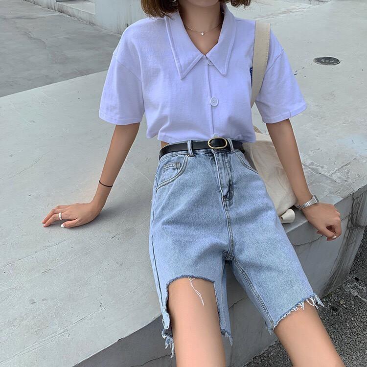 Quần Short Jean Cạp Cao Rách Gấu Phong Cách Ulzzang_C18