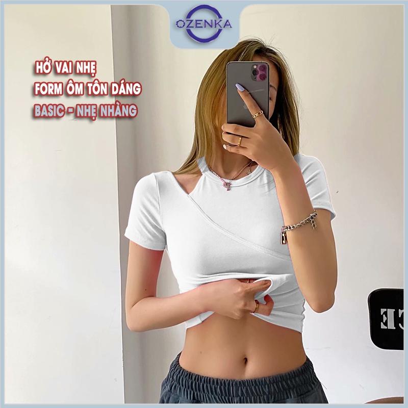 Áo croptop tay ngắn ôm hở vai cổ tròn, áo thun crt roptop kiểu hàn quốc mẫu mới 2022 100% cotton đen trắng