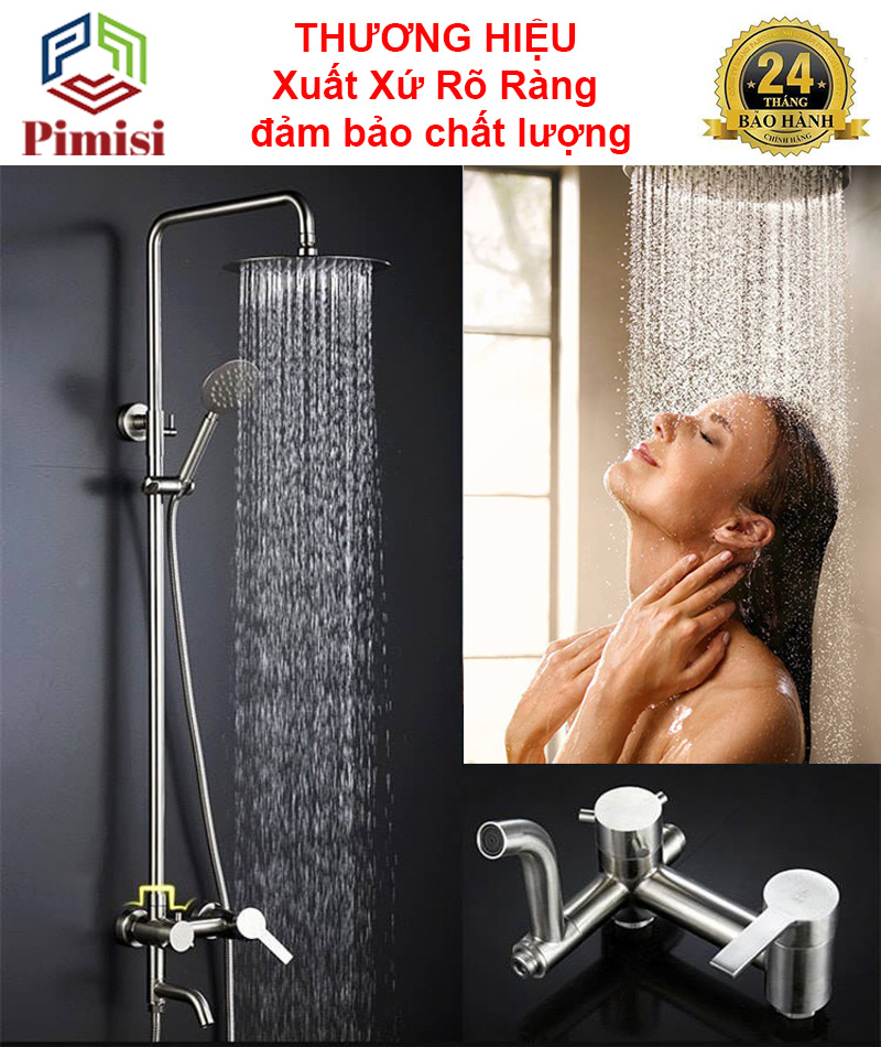 Bộ vòi hoa sen cây tắm đứng nóng lạnh inox 304 kiểu tròn Pimisi đầy đủ phụ kiện với bát sen to - bát nhỏ cầm tay tăng áp dùng được cho cả nhà tắm nhỏ và thấp | Hàng chính hãng