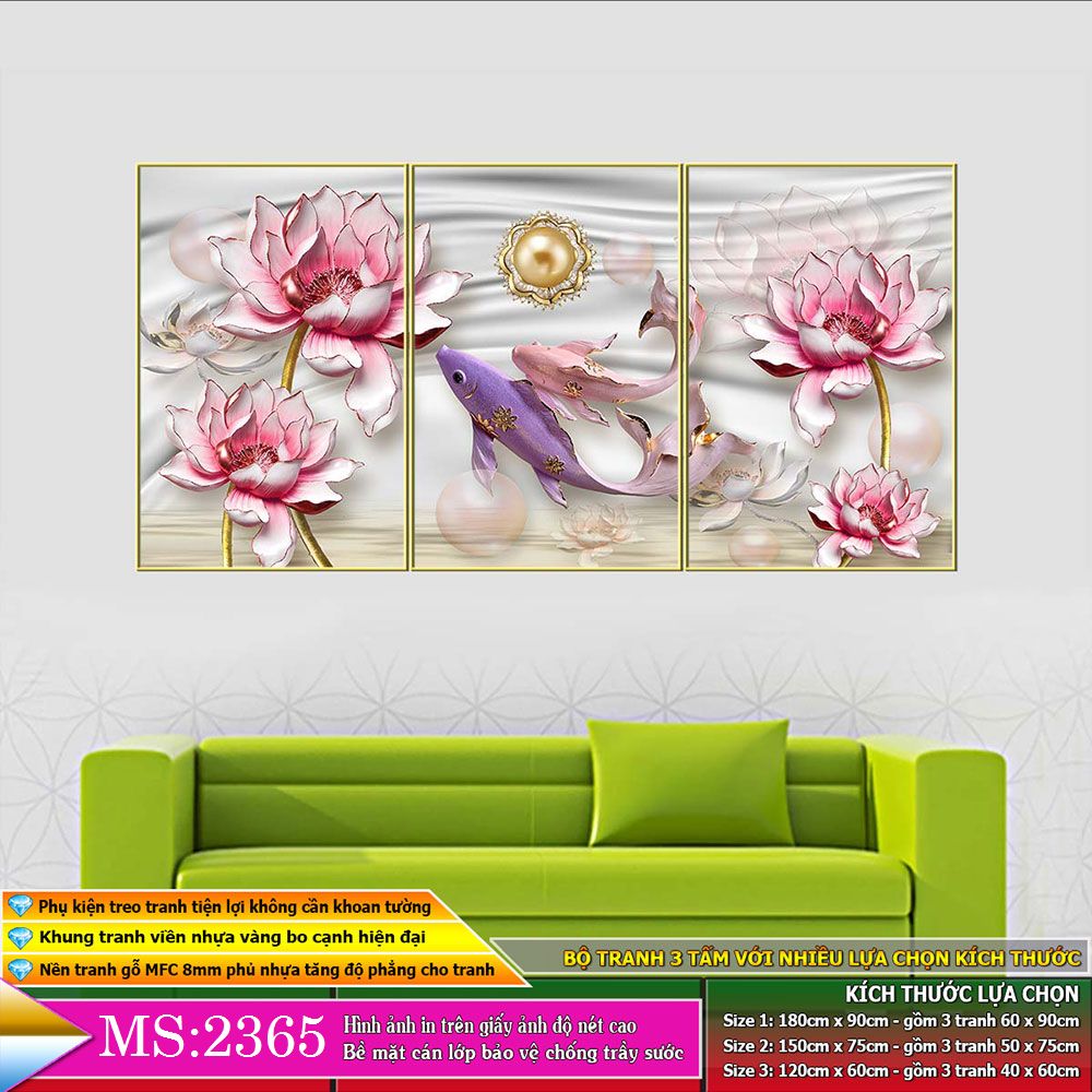 Tranh treo tường 3 tấm trang trí phòng khách, phòng ăn, phòng ngủ Cửu ngư quần hội: 2365L10