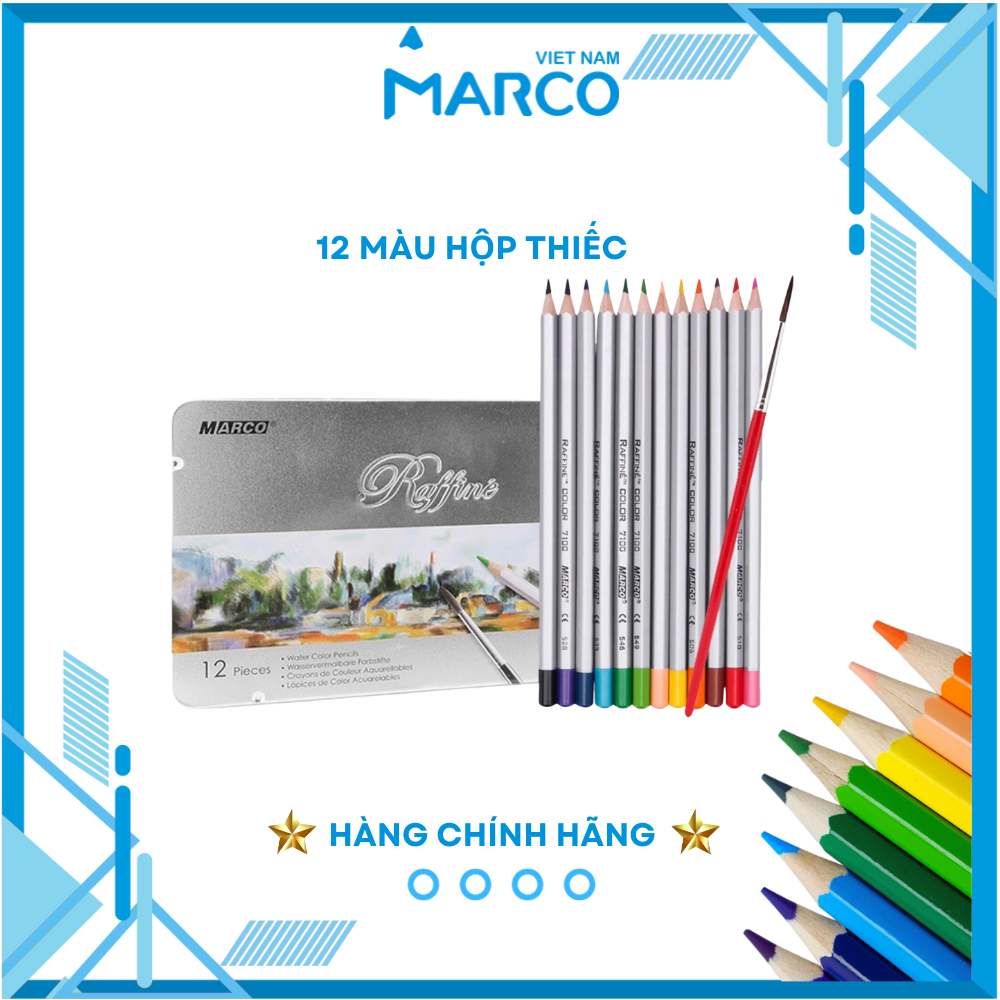 Hộp Bút Chì Màu Nước Chuyên Nghiệp Marco Raffine 7120 Kèm Cọ, Hộp Thiếc - 12/24/36 Màu Không Dễ Gãy Tô Màu Vẽ Chuyên Nghiệp