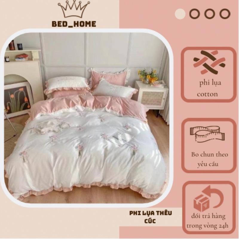 Bộ Chăn Ga Gối Phi Lụa Hoa Cúc Thêu Chăn 4 Món Nhập Khẩu Đủ Bẩy Màu Đơn Sắc Siêu Xịn
