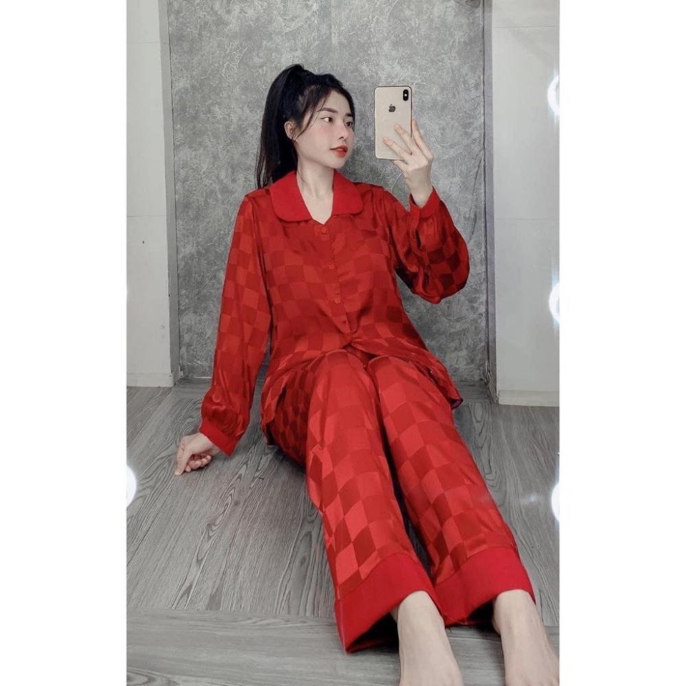 Pyjama nữ áo dài tay quần dài , đồ ngủ nữ bộ mặc nhà nữ mùa hè chất liệu luạ gấm ô vuông cao cấp