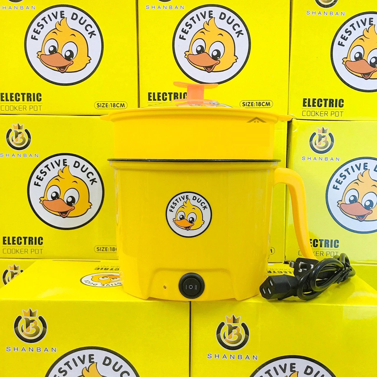 Nồi Lẩu Điện Mini Đa Năng Có Khay Hấp Vịt Vàng Duck (1.8L) - Nấu Mì, Cháo, Lẩu, Chiên, Xào, Luộc - Hàng Chính Hãng OnionDecor