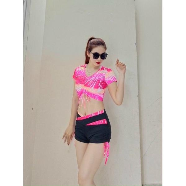 Set bộ đồ tập áo croptop quần đùi rút dây cạp V tập gym, nhảy aerobic nữ
