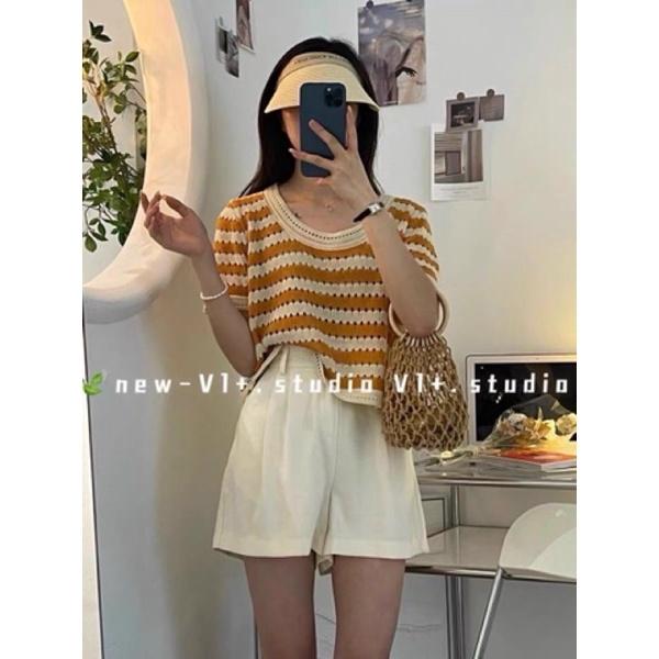 Áo len mongtoghi nữ cộc tay và sát nách kẻ ngang hàng QC