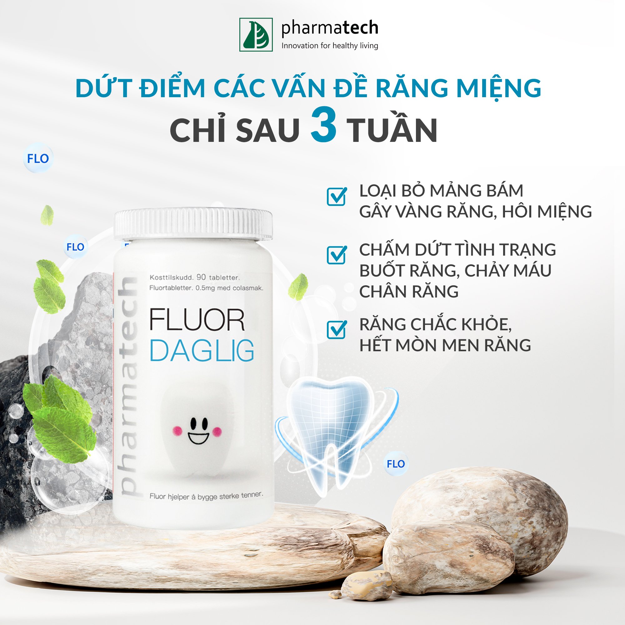 Viên uống tái tạo men răng PHARMATECH FLUOR DAGLIG lọ 90 viên hương dâu