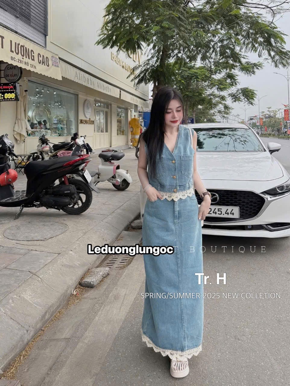 Set Váy Jean Dài Phối Áo Sát Nách Kèm Ren Nữ