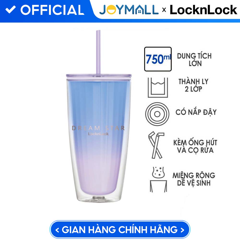 Ly nhựa Lock&Lock 2 lớp 750ml HAP522 - Hàng chính hãng kèm ống hút cọ rửa, cách nhiệt tốt, miệng rộng - JoyMall