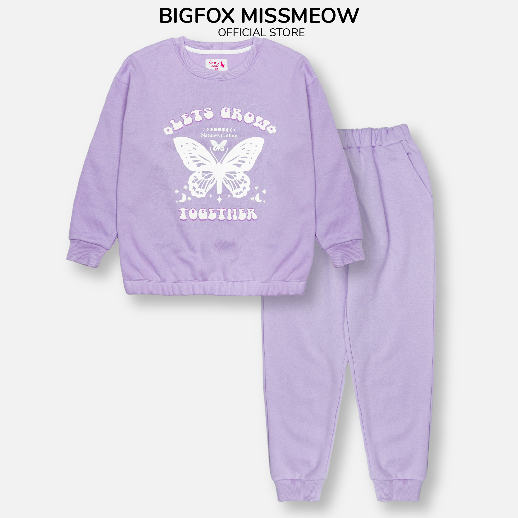 Bộ nỉ bông cho bé gái Bigfox Miss Meow size đại, bộ thu đông cho bé in bướm Lets Grow size 12,13,14,15 tuổi