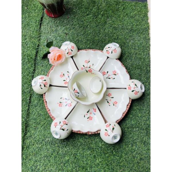 Bộ bát đĩa hoa mặt trời men khử - khử chì và kim loại nặng Bát Tràng/ Cúng rằm, bày cỗ