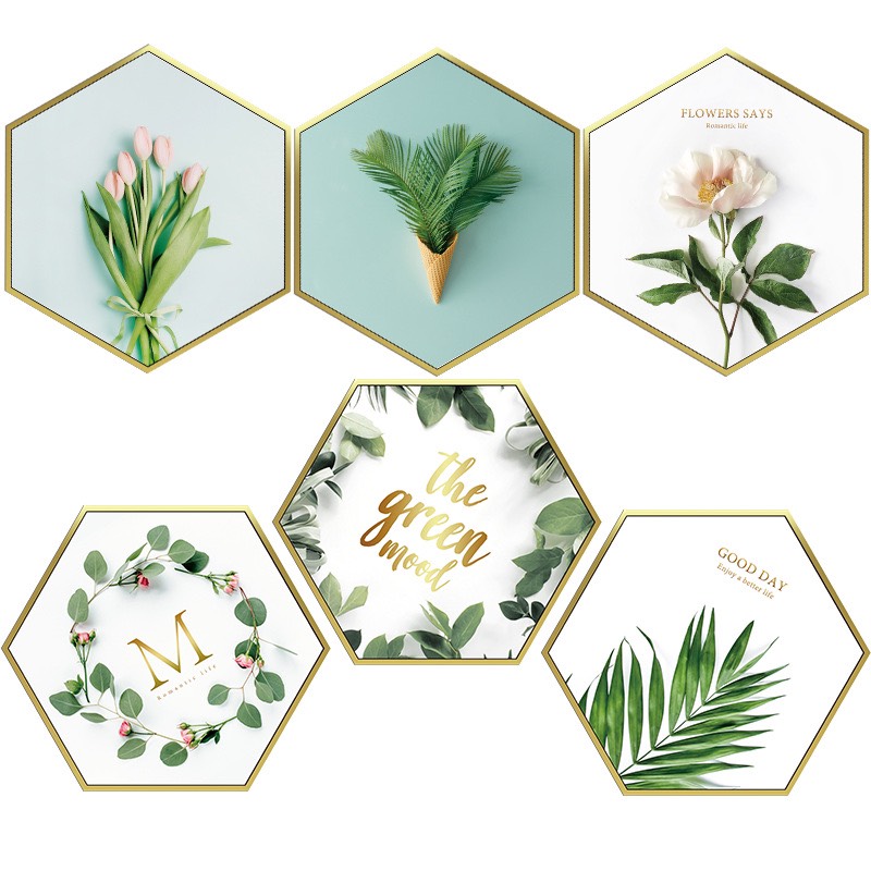 Decal Dán Tường Hoa Lá Trang Trí Phòng Ngủ, Phòng Khách - Lục Giác Trắng Xanh Lá NHAXINH01