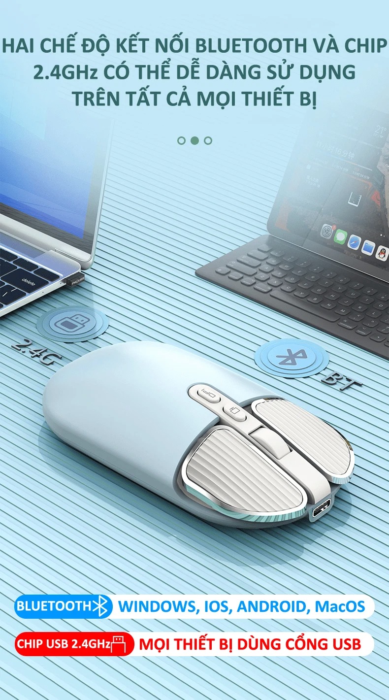 Chuột không dây FMOUSE M203 sạc pin siêu mỏng kết nối bluetooth và chip USB 2.4GHz dùng cho pc, laptop, tivi, điện thoại - HÀNG CHÍNH HÃNG