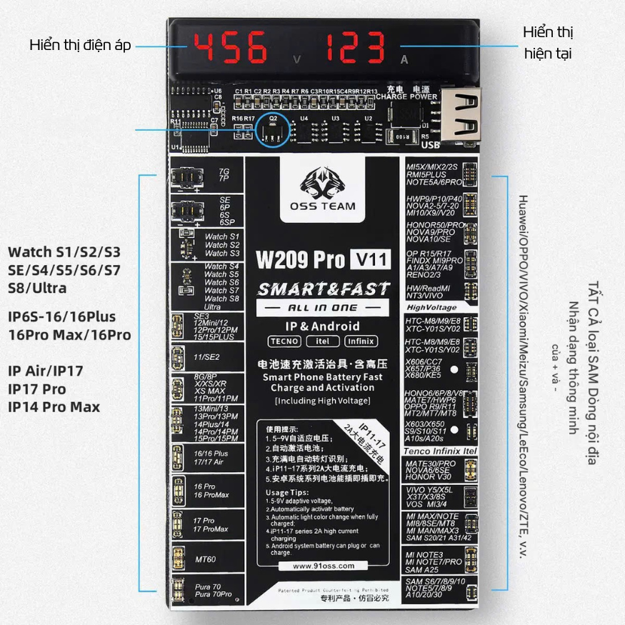 Bộ Kích Pin W209 Pro V11 Dành Cho Điện Thoại Android, Pad, IP Bảo vệ quá tải dòng điện, kiểm tra dung lượng pin - Hàng Nhập Khẩu