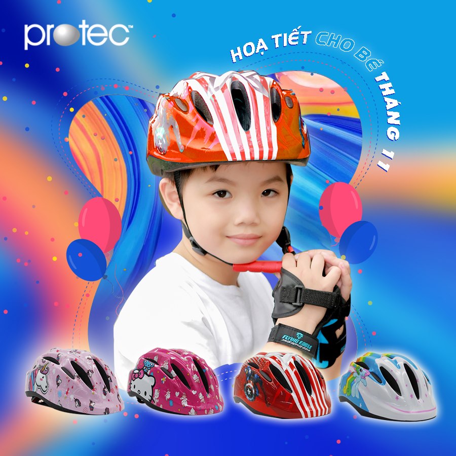 Nón bảo hiểm xe đạp trẻ em Protec SMILE cho bé trai từ 1-12 tuổi, họa tiết mạnh mẽ, năng động, có đèn hậu an toàn- Hàng chính hãng