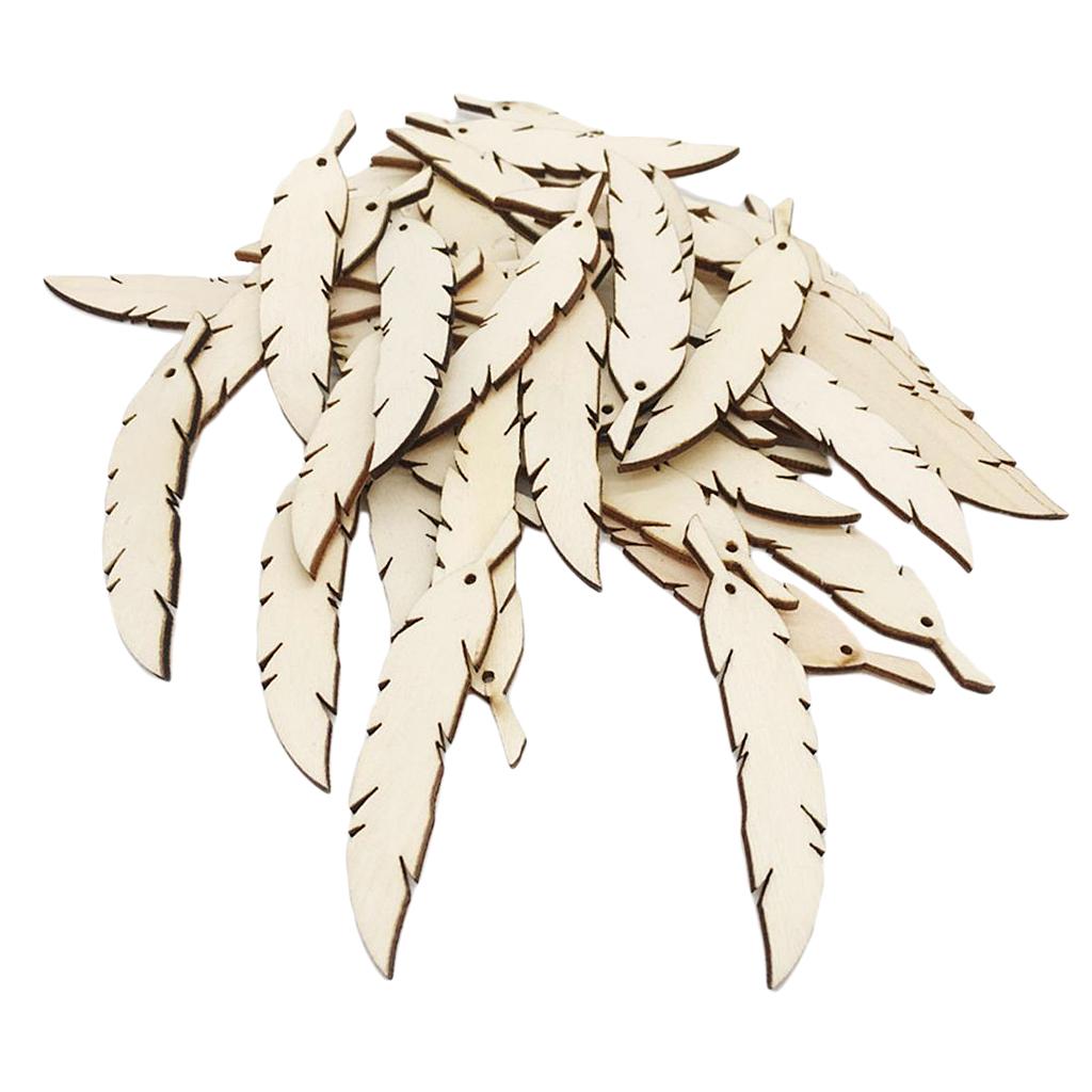 50pcs Natural Unfinished Wood Feather with Hole for DIY Pendants Ornament