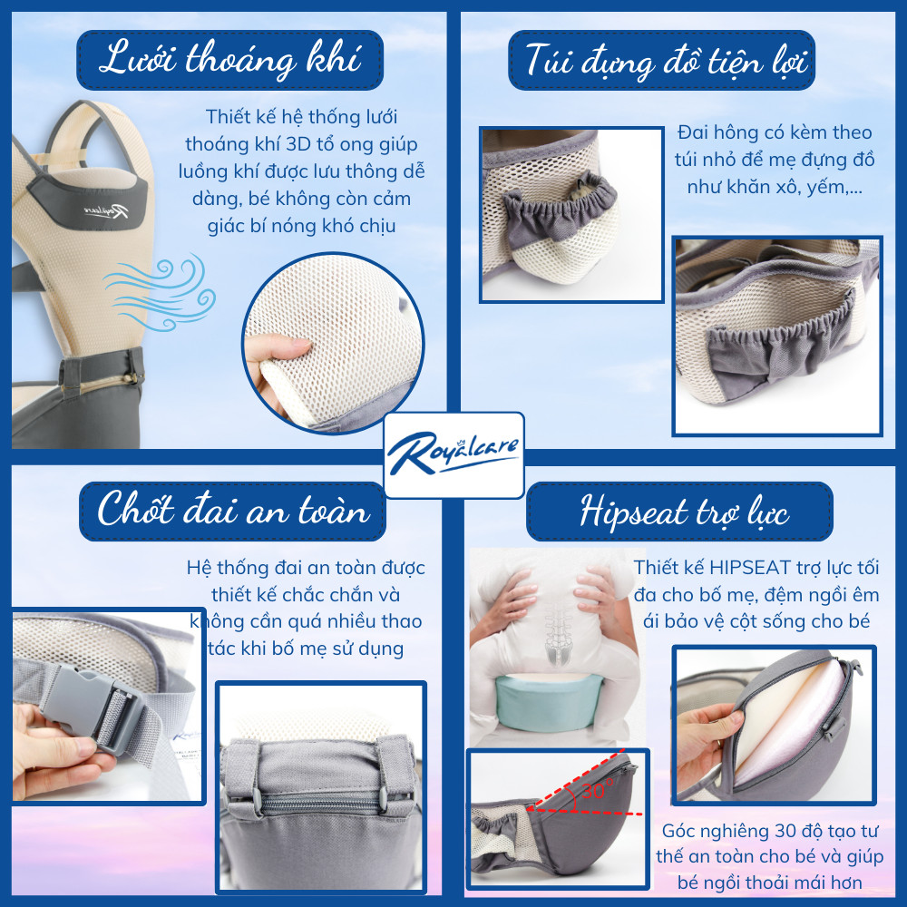 Địu ngồi trẻ em 4 tư thế lưới siêu thoáng Air mesh siêu thoáng Royalcare - 906 - cho bé 3 tháng tới 36 tháng