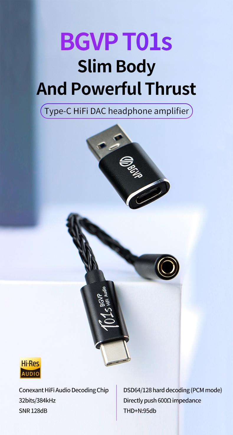 BGVP T01s Bộ Khuếch Đại Tai Nghe USB Loại C Sang Jack Cắm Tai Nghe 3.5Mm Bộ Chuyển Đổi Âm Thanh 32bit 384kHz Bộ Giải Mã Kỹ Thuật Số Bộ Chuyển Đổi AUX