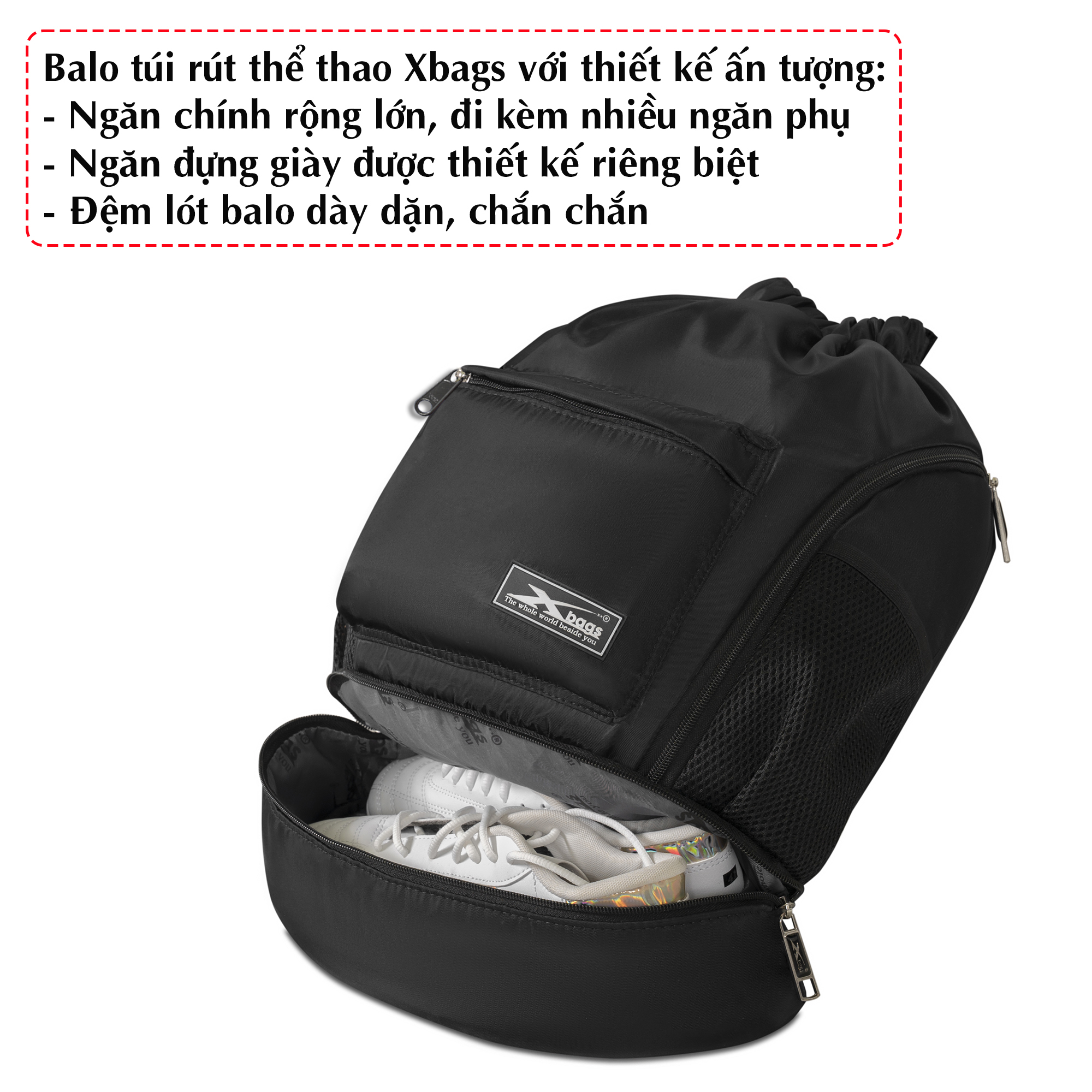 Balo dây rút thể thao đen Xbags Wisdom Xb 6004, Chất liệu chống thấm nước hiệu quả