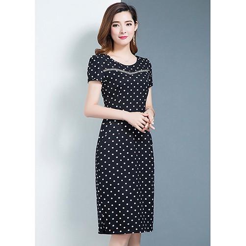 ĐẦM ÔM IN CHẤM BI ĐÍNH NƠ EO PHỐI RUY BĂNG KIM TUYẾN