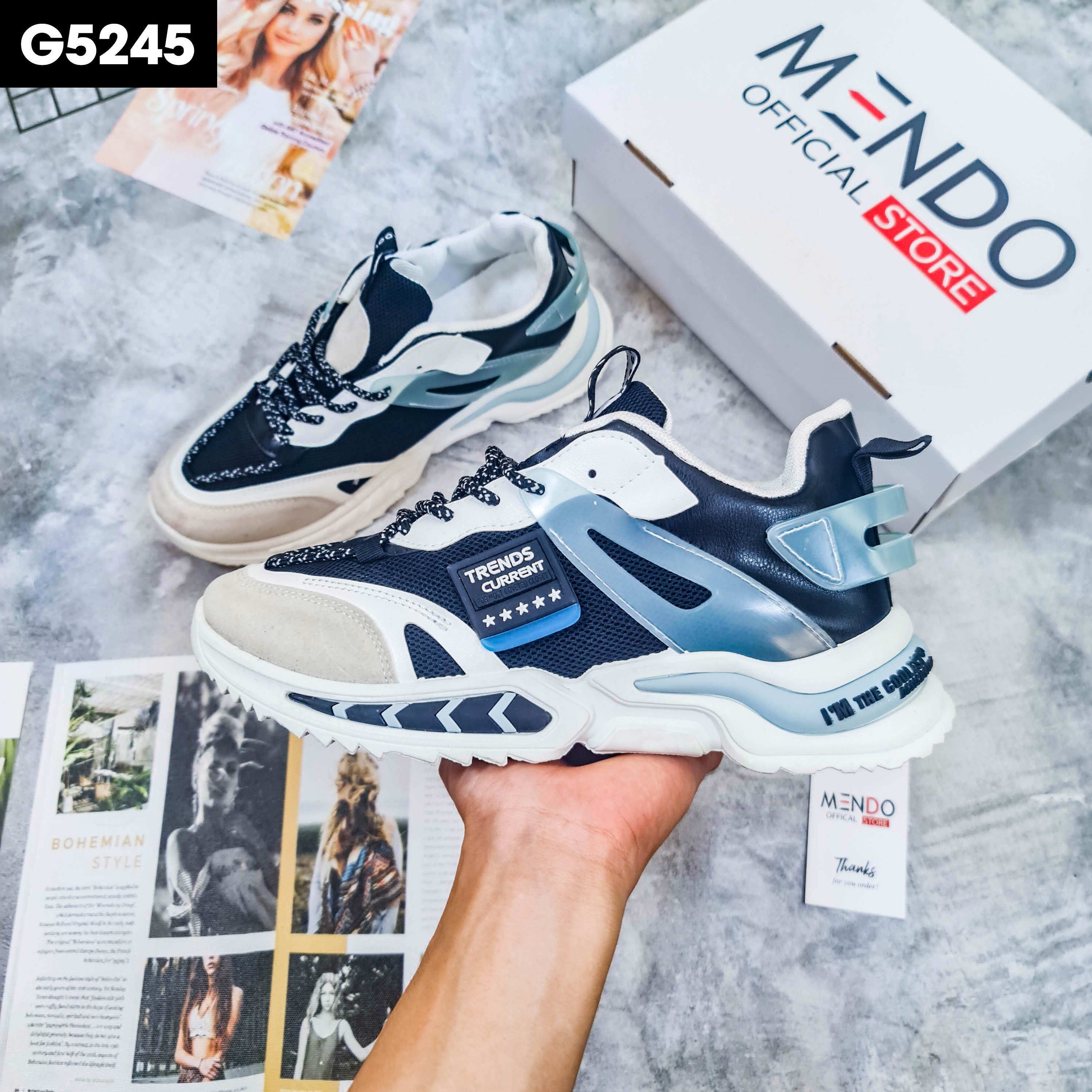 Giày Thể Thao Nam MENDO - Giày Sneaker Màu Trắng - Đen, Chạy Bộ, Thể Dục, Đi Chơi - G5245