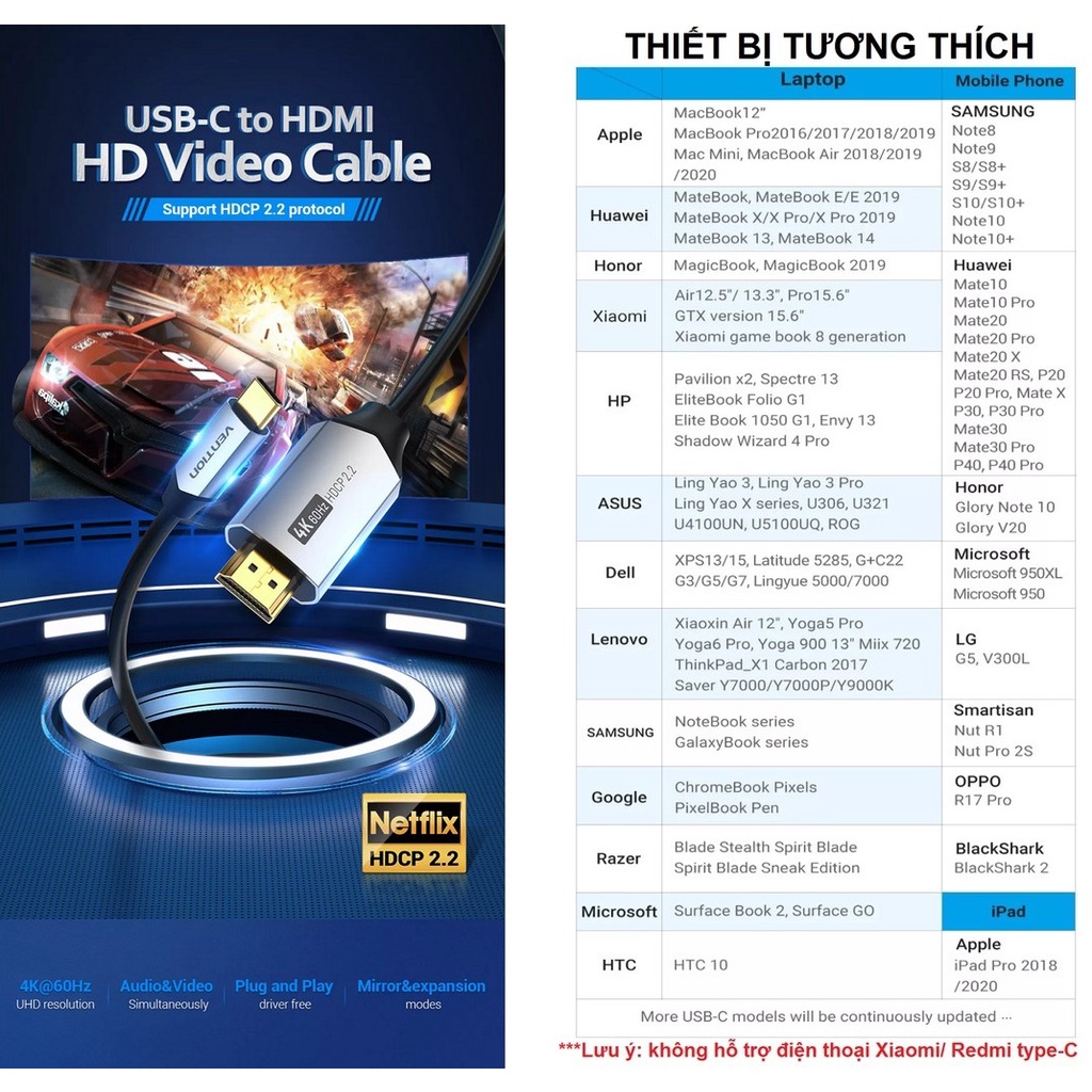Cáp chuyển Type-C male ra HDMI male hỗ trợ 4K dây nhựa đầu hợp kim Vention CGSB - Hàng chính hãng