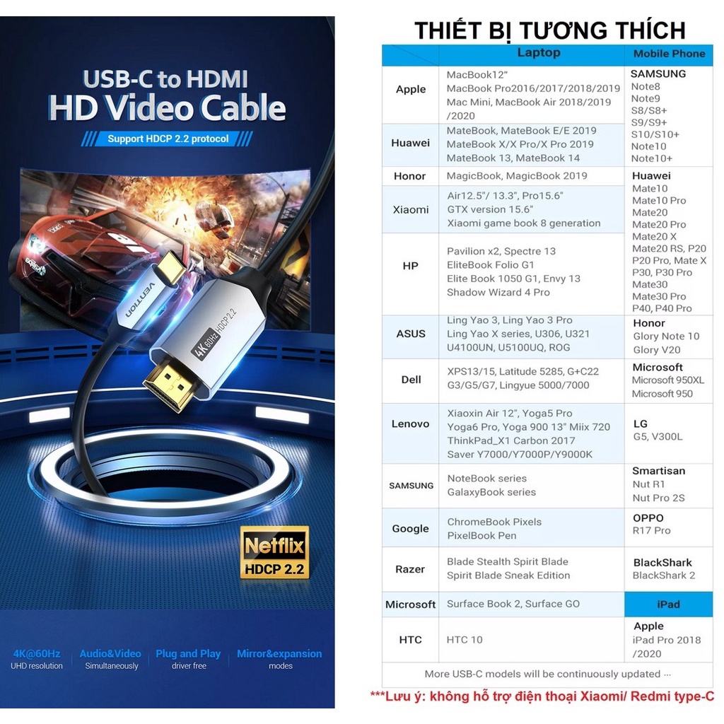 Cáp chuyển Type-C male ra HDMI male hỗ trợ 4K dây dù đầu hợp kim Vention CRBB - Hàng chính hãng