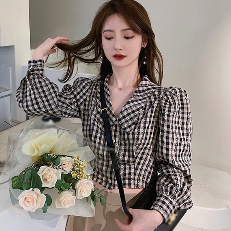 Áo Sơ Mi Croptop Tay Dài Phồng Họa Tiết Sọc Caro Thời Trang Cổ Điển Cho Nữ