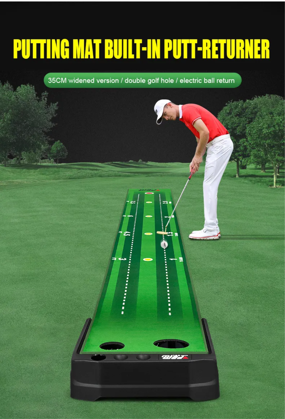 Thảm tập golf putting PGM-TL029 New Version 2023: Tiêu chuẩn châu Âu. Nhiều thiết kế cải tiến. Trang bị thanh chắn bóng. Thu hồi bóng tự động