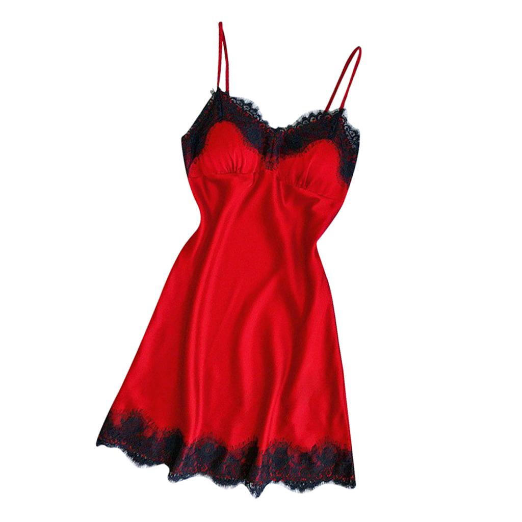 Women  Lace Trim Satin Nightdress Lingerie Sleepwear Night Gown