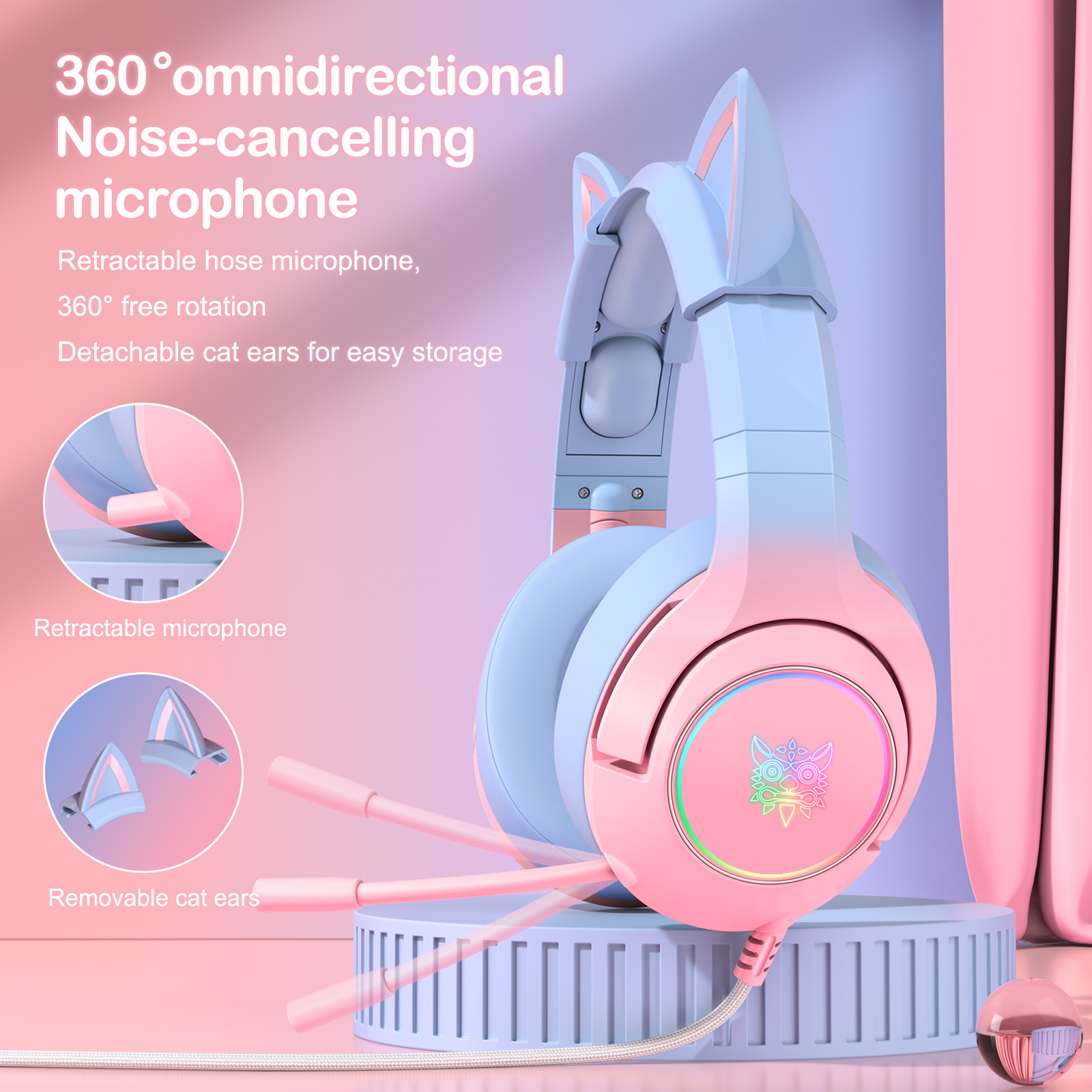 Combo Onikuma Gaming 4 (Tai Nghe K9 Pink Blue + Giá Đỡ ST-2 White) - Hàng Chính Hãng