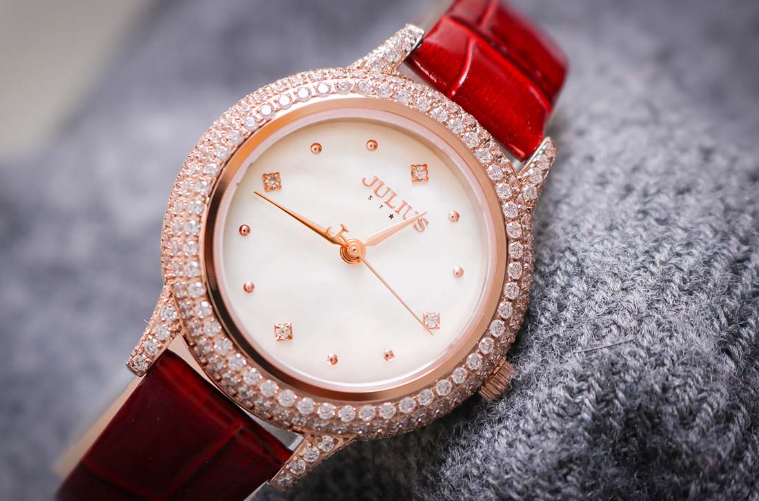 Đồng Hồ Nữ JS-044 Kính Sapphire Julius Hàn Quốc Dây Da Màu Đỏ