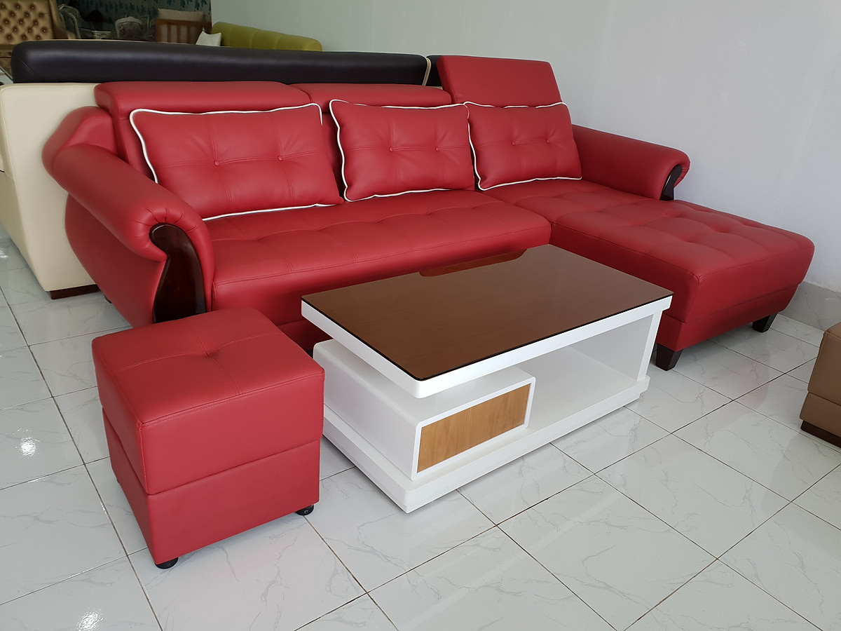 Sofa da góc L Tundo 2m7 x 1m7 màu đỏ đầu bật