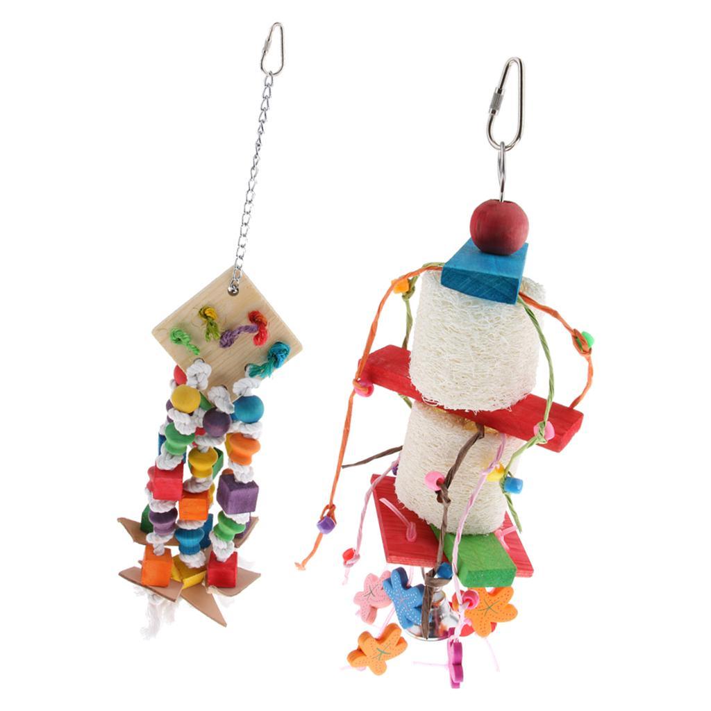 2 Pcs Hanging Toys for Pet Parrot,Colorful Wood Blocks Loofah Leather Swing