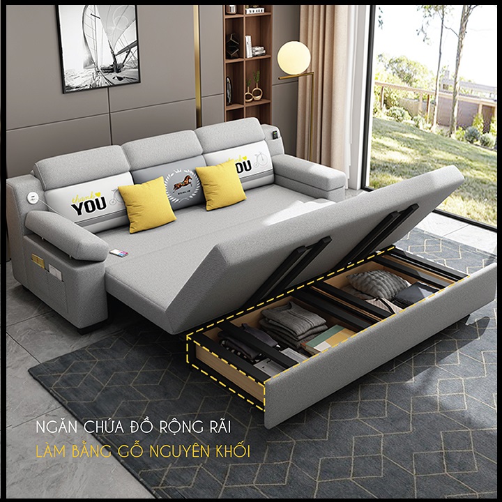 Giường Ngủ Sofa Gấp Gọn Thành Ghế Sofa. Ghế Sofa Giường. Giường Sofa Vải Lanh Cao Cấp Có Ngăn Chứa Đồ, Cổng Sạc USB. Tặng Kèm Gối Cùng Tone