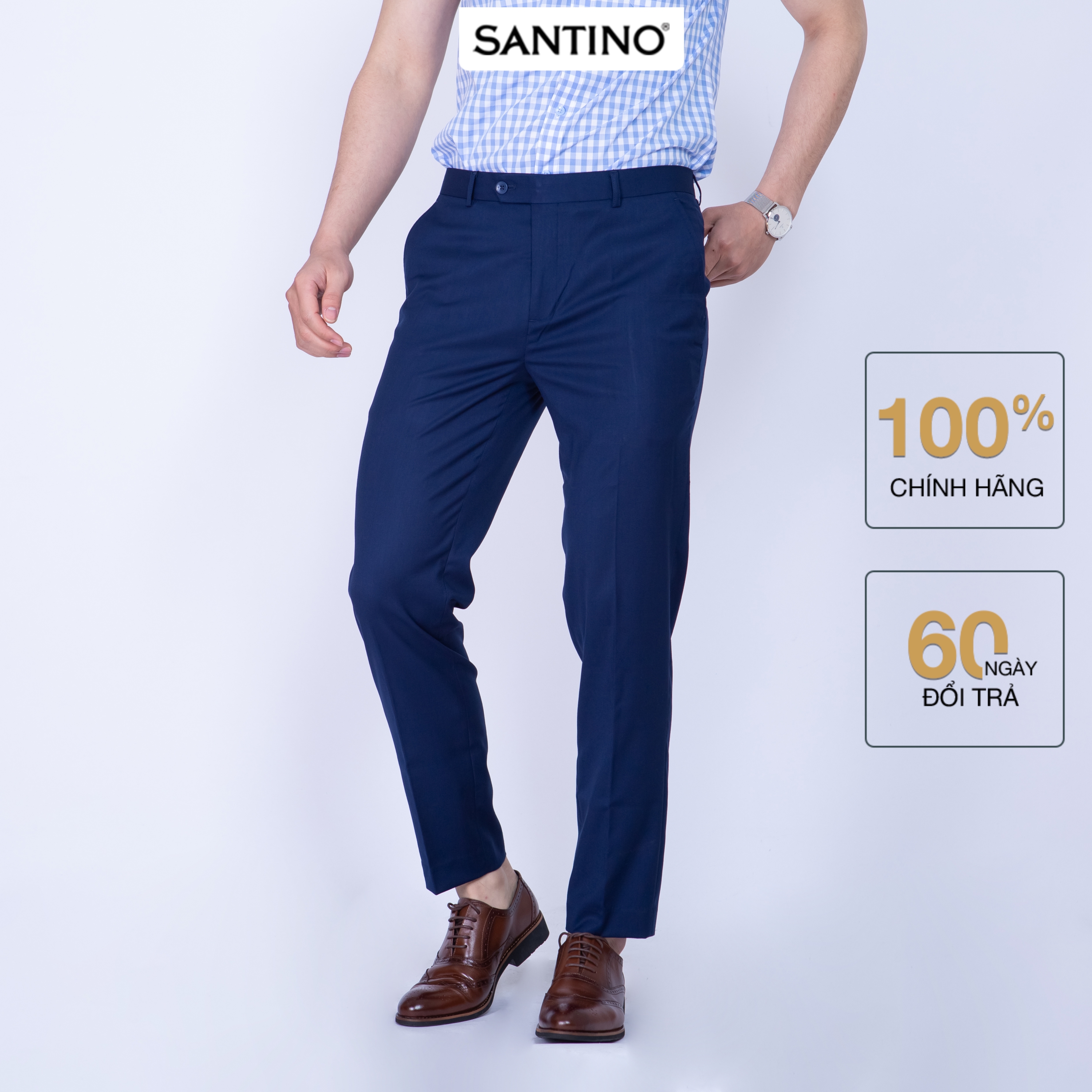 Quần âu nam dài trơn SANTINO, chất liệu Sợi tre dáng ôm slim fit công sở lịch lãm màu xanh Q068