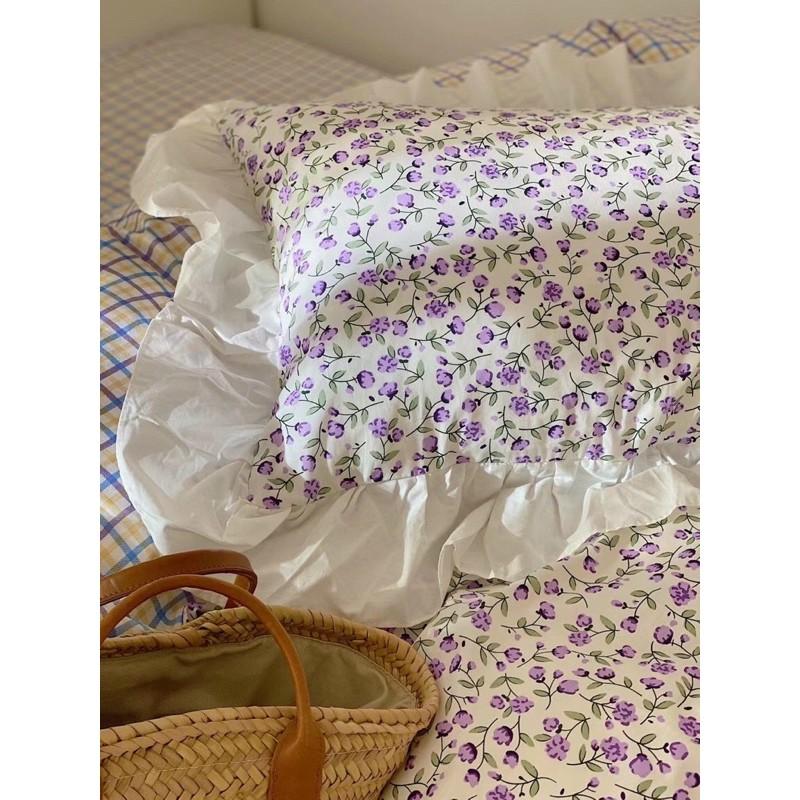 Set Cotton Hàn Quốc Bèo Ren 100%cotton Hàng Nhập Khẩu Cao Cấp 4 Món Hoa Nhí Xanh
