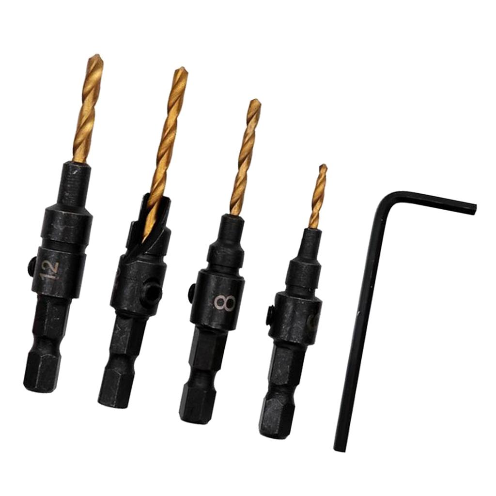 4x HSS Titanium Coated Countersink Drill Bit Set Quick Change Hex Shank Screw #6#8#10#12