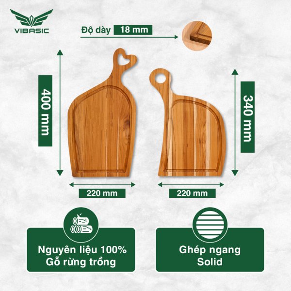 Bộ thớt Uyên ương gỗ Teak Vibasic 400x220x18mm và 340x220x18mm | cắt thái và trang trí món ăn