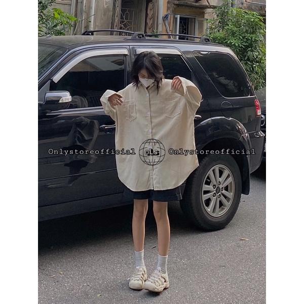 Áo sơ mi nhung be oversize siêu to khổng lồ