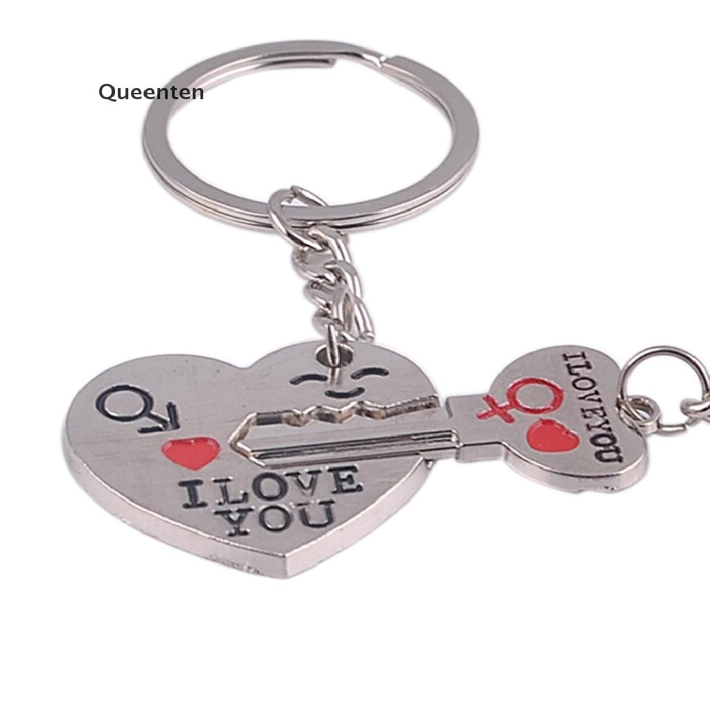 Queenten 2pcs Fashion Love Heart Key Ring Keyfob Couples Romantic Keychain Lover Gift  QT