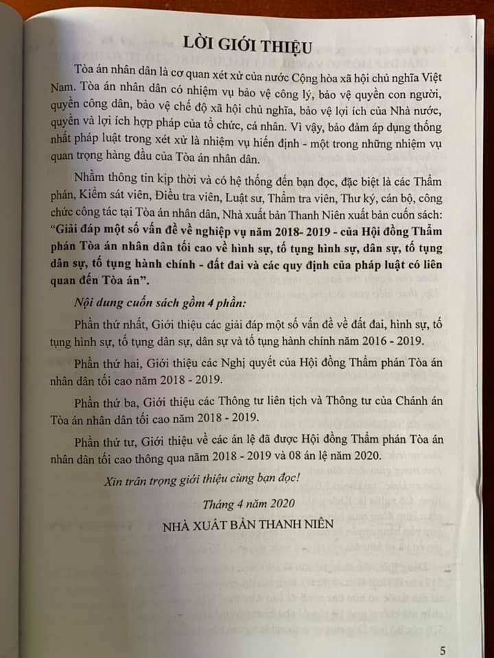 Giải đáp một số vấn đề về nghiệp vụ Năm 2018- 2019 – của Hội Đồng Thẩm phán Tòa án nhân dân tối cao về hình sự - tố tụng hình sự - dân sự - tố tụng dân sự - tố tụng hành chính - đất đai và các quy định của pháp luật có liên quan đến tòa án