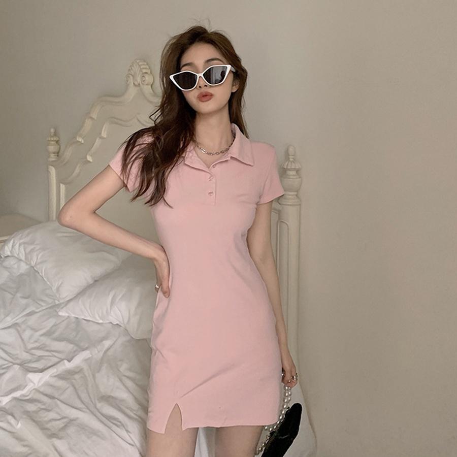 Váy body cổ polo, đầm ôm body xẻ trước tay ngắn chất thun co giãn phong cách hàn quốc siêu hot trend VAY009