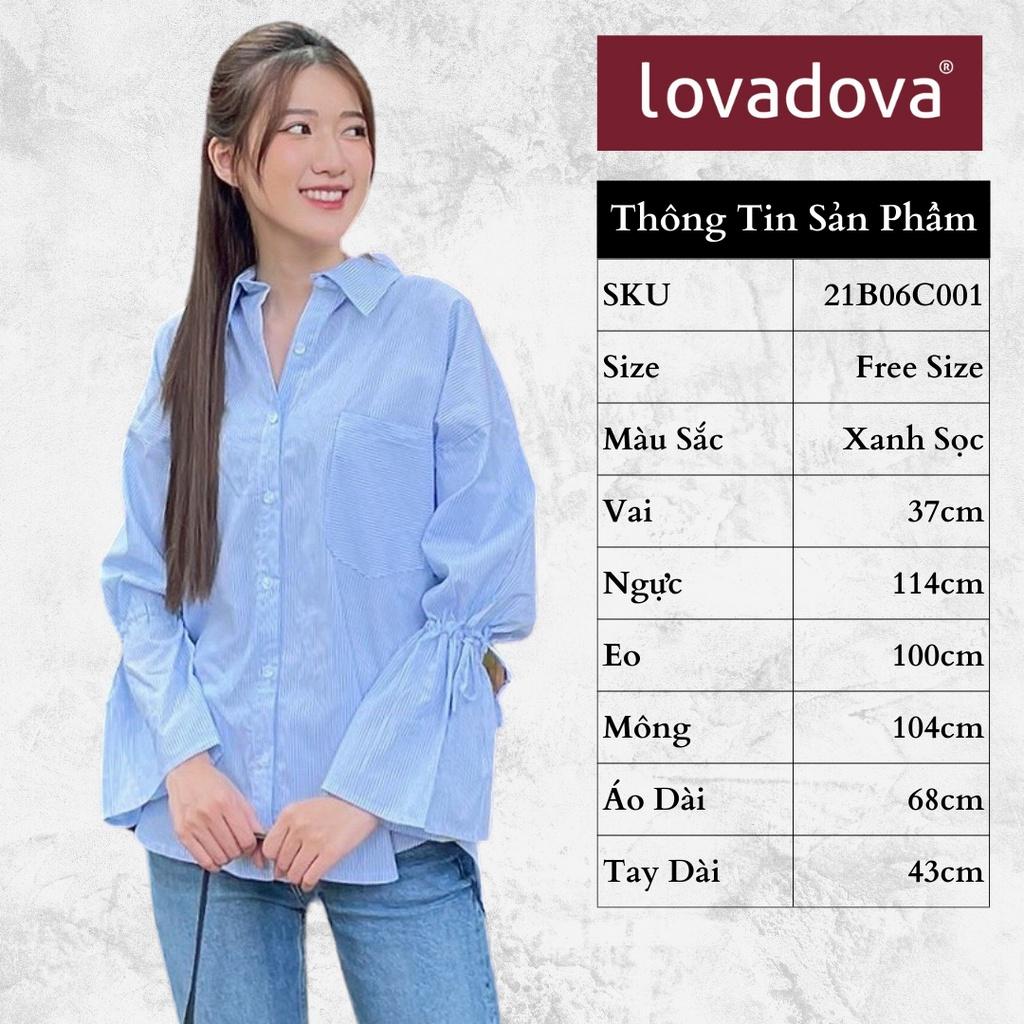 Áo Sơ Mi Kiểi Nữ, Dài Tay, Cách Điệu Cổ Tay Thắt Nơ, Túi Trước Ngực, Màu Xanh Sọc - Lovadova 21B06C001