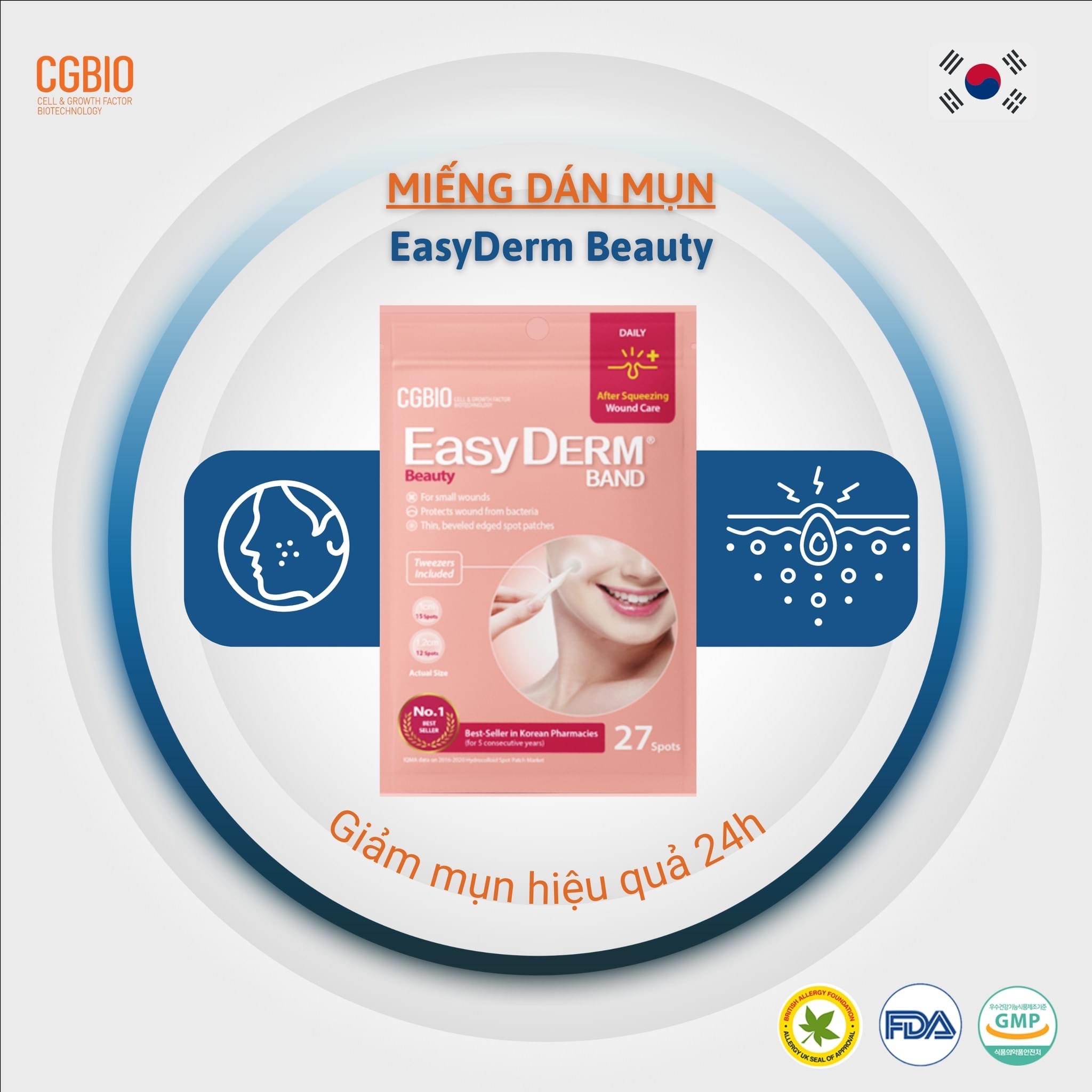 Miếng dán mụn giảm sưng viêm CGBIO EASYDERM BEAUTY - Tặng kèm nhíp gắp tiện dụng