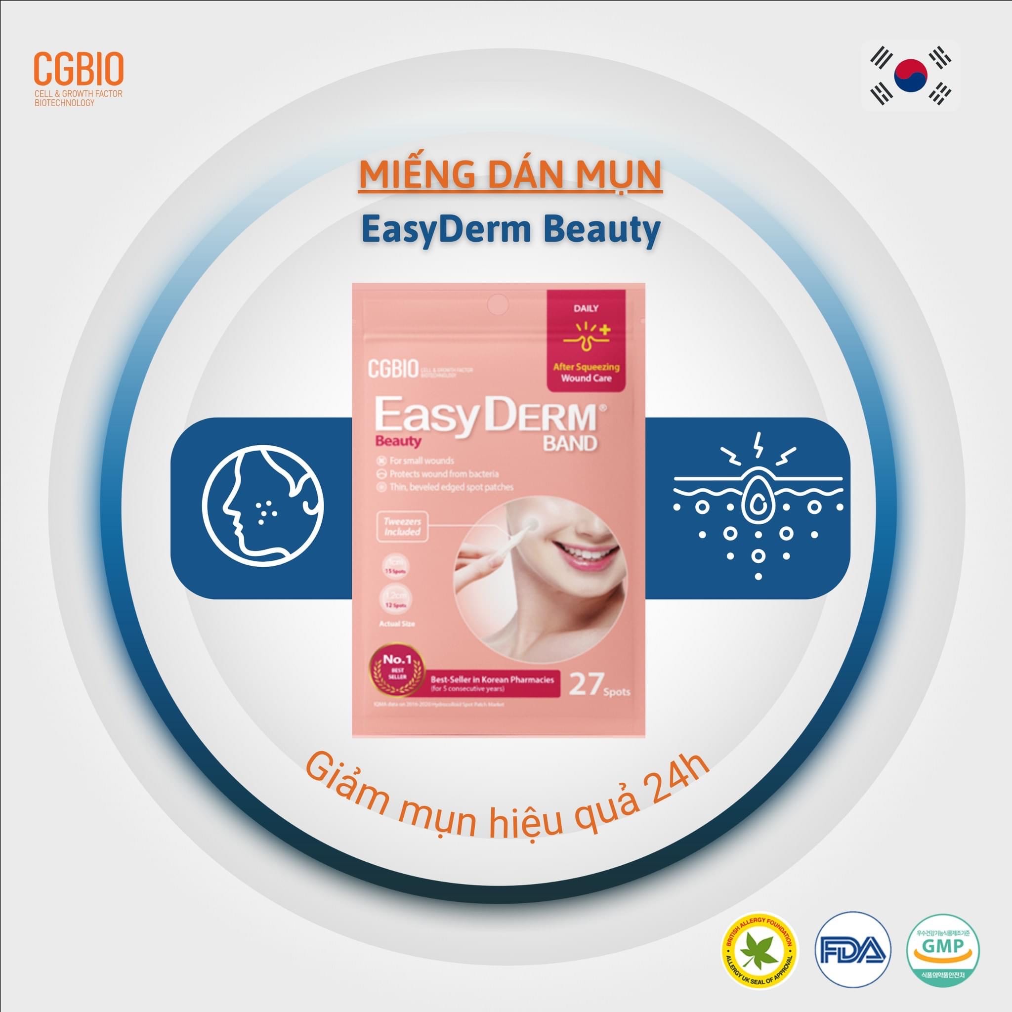 Miếng dán mụn giảm sưng viêm CGBIO EASYDERM BEAUTY (27 miếng) - Tặng kèm nhíp gắp tiện dụng