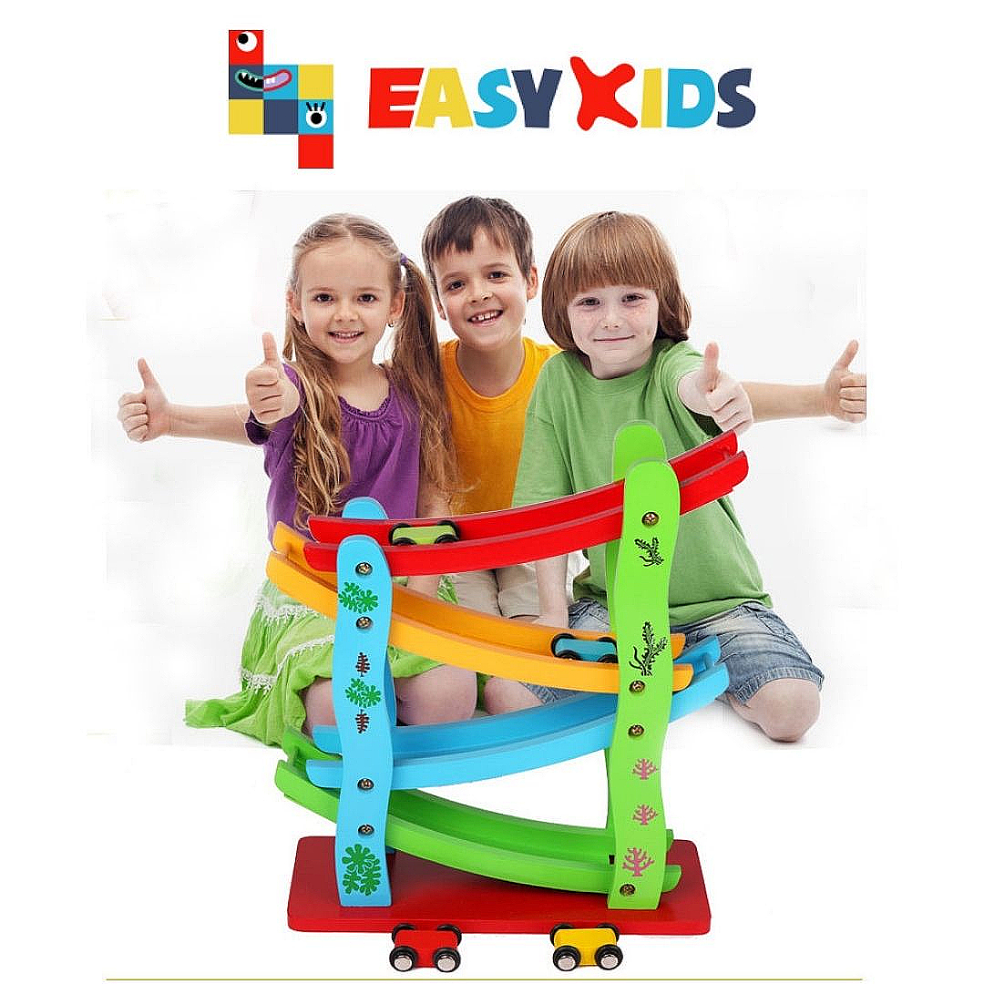 Xe Cầu Trượt 4 Tầng Đồ Chơi Gỗ Cho Bé Kèm 4 Xe Mini