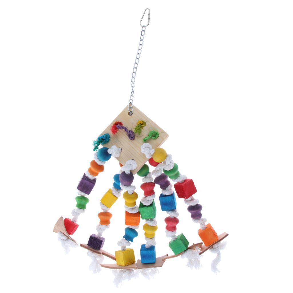 2 Pcs Hanging Toys for Pet Parrot,Colorful Wood Blocks Loofah Leather Swing